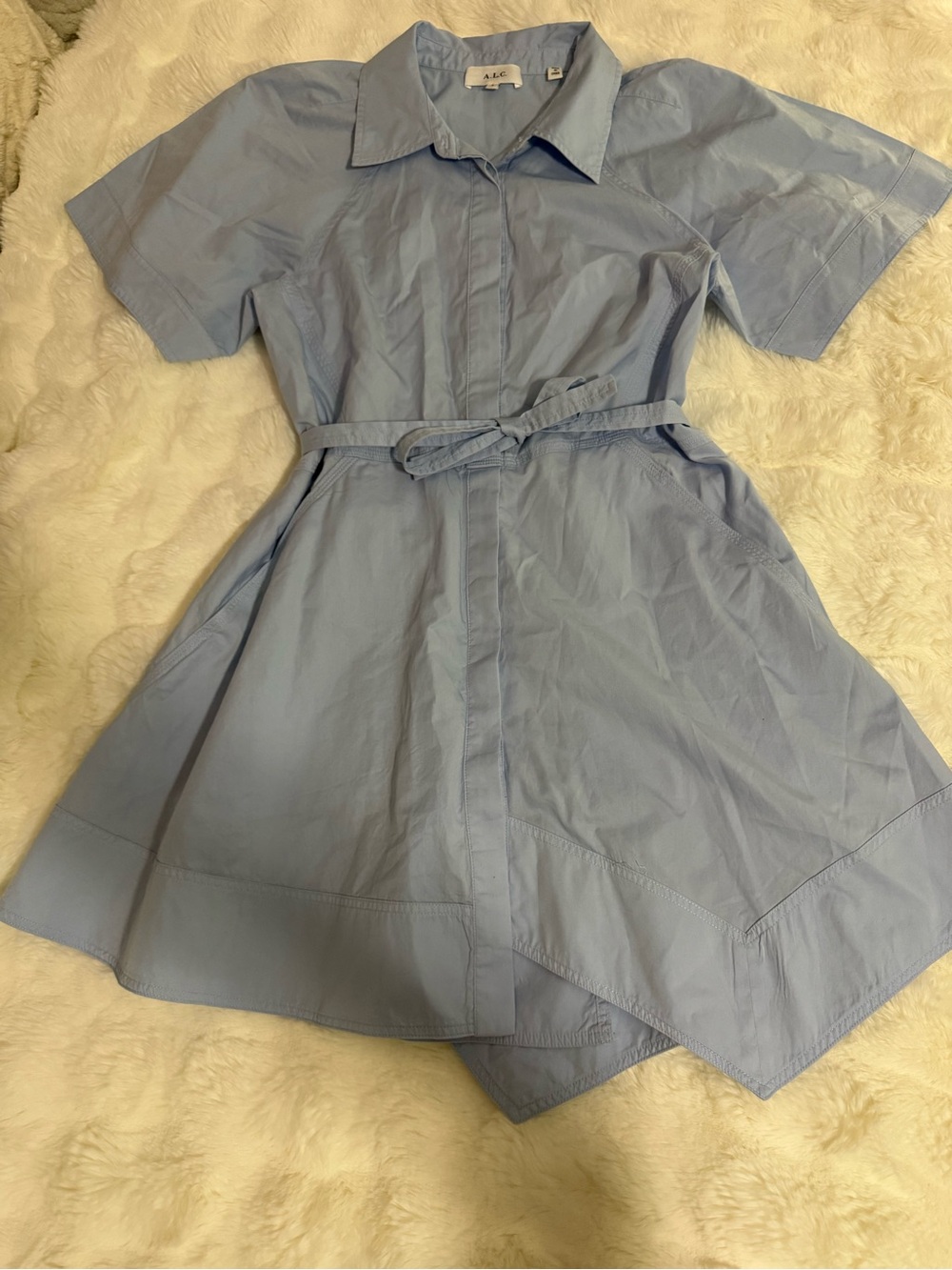 A.L.C. Light Blue Short-Sleeve Shirt Dress with Tie Waist